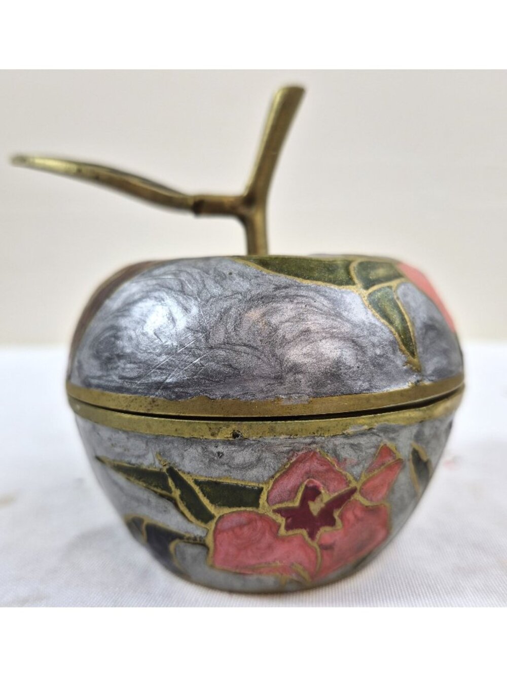 Vintage Brass Apple Trinket Box Hand Painted Floral Enamel Made in India